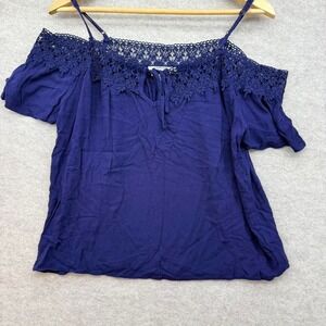 boho off shoulder lace peasant top blue festival blouse womens medium